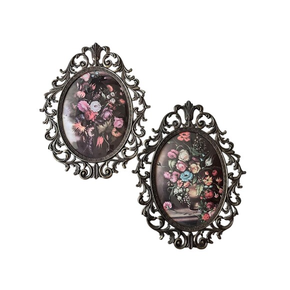Vintage Floral Still Life Art Pair: Rococo Oval Metal Frames, Matching Pair - Picture 1 of 5